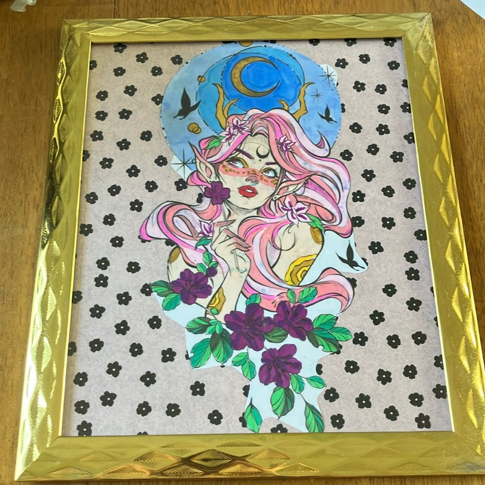 Gold Framed Mixed Media Art with Pink and Blue Accents